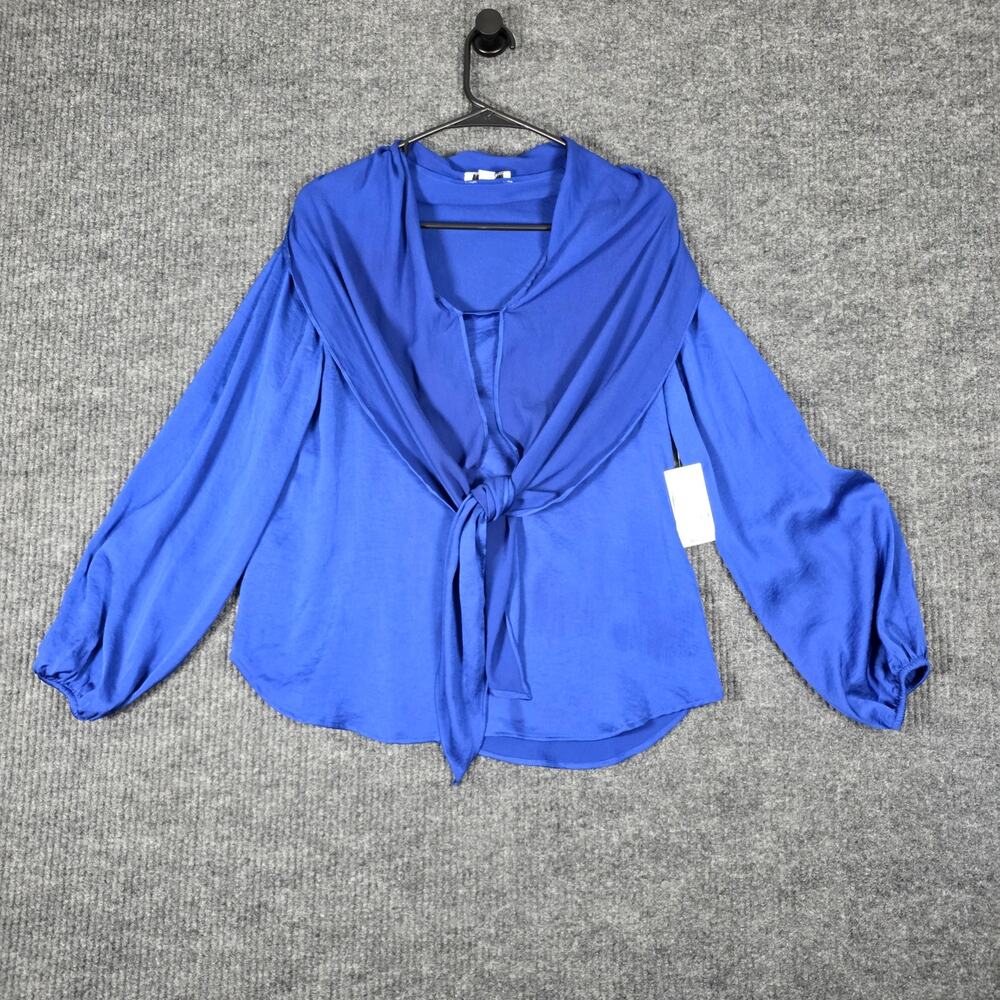 Bar III‎ Blue Satin Tie Front Blouse Women Medium Long Sleeve Silky Top